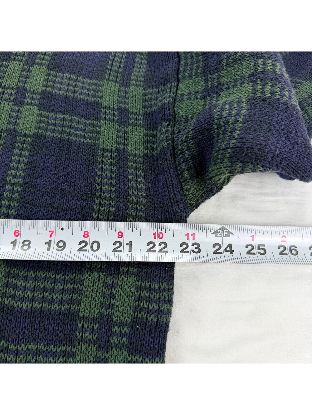 Vintage Woods & Gray Mens M Plaid Sweater Navy Green Cotton Knit 90s Grandpa - Picture 7 of 10